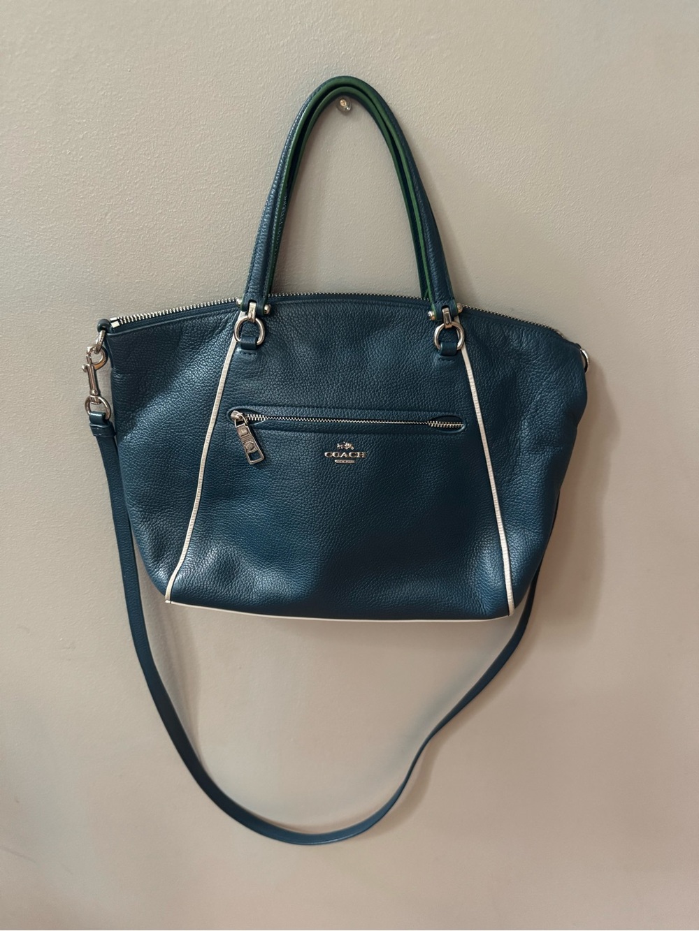 Coach Praire Satchel Leather Bag in Teal with White Trim